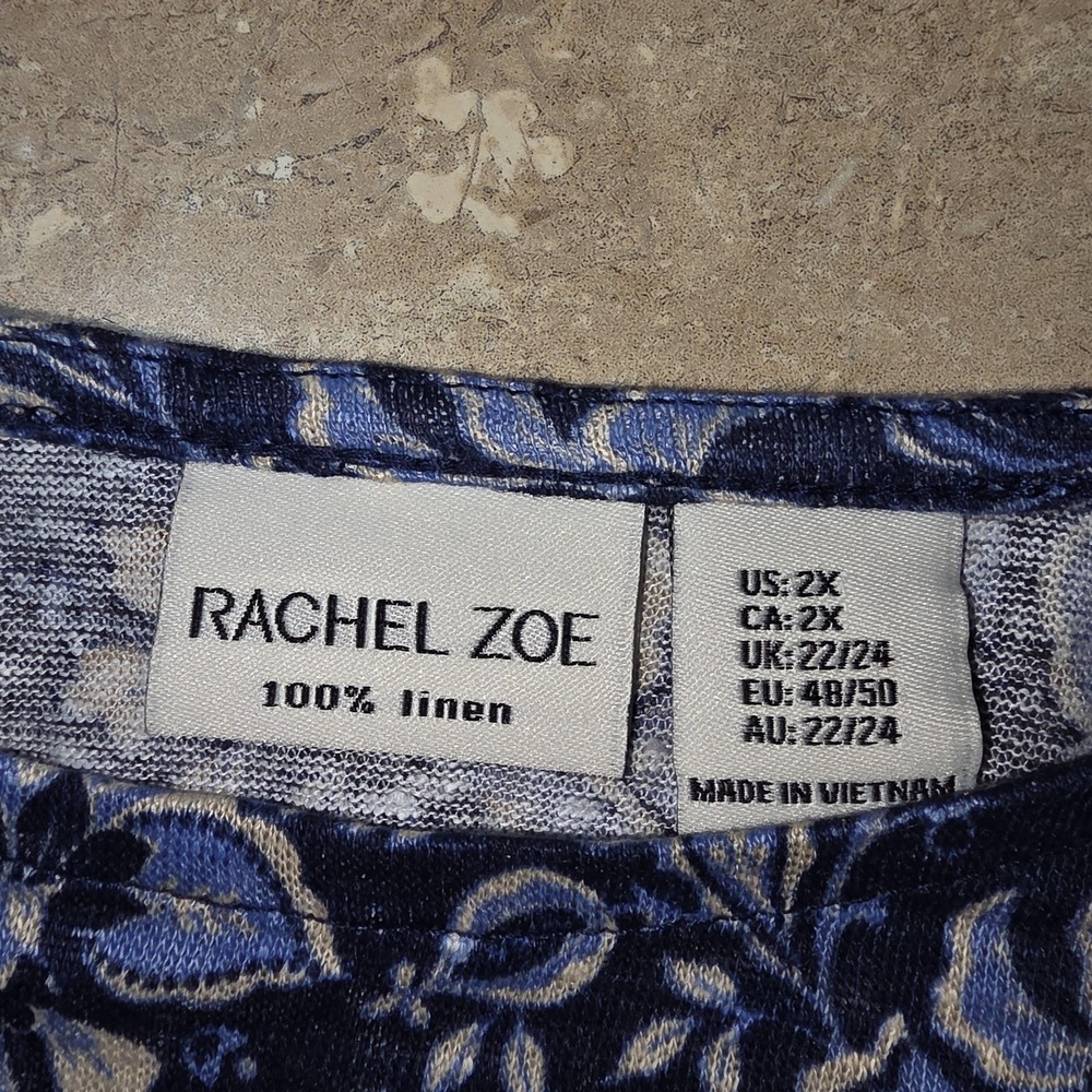 Rachel Zoe Linen Top Women 2X Blue Floral Scoop Neck Tunic Beachy Coastal Resort - Picture 5 of 11